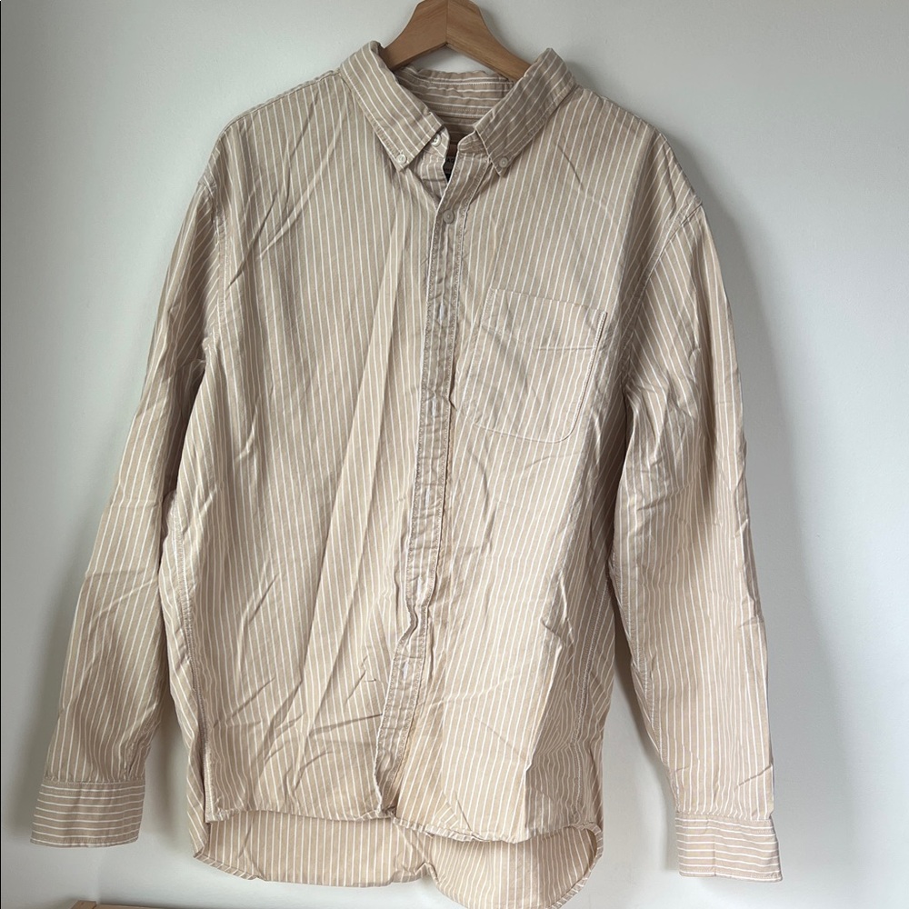 American Eagle Outfitters Beige and White Striped Button-Down Shirt